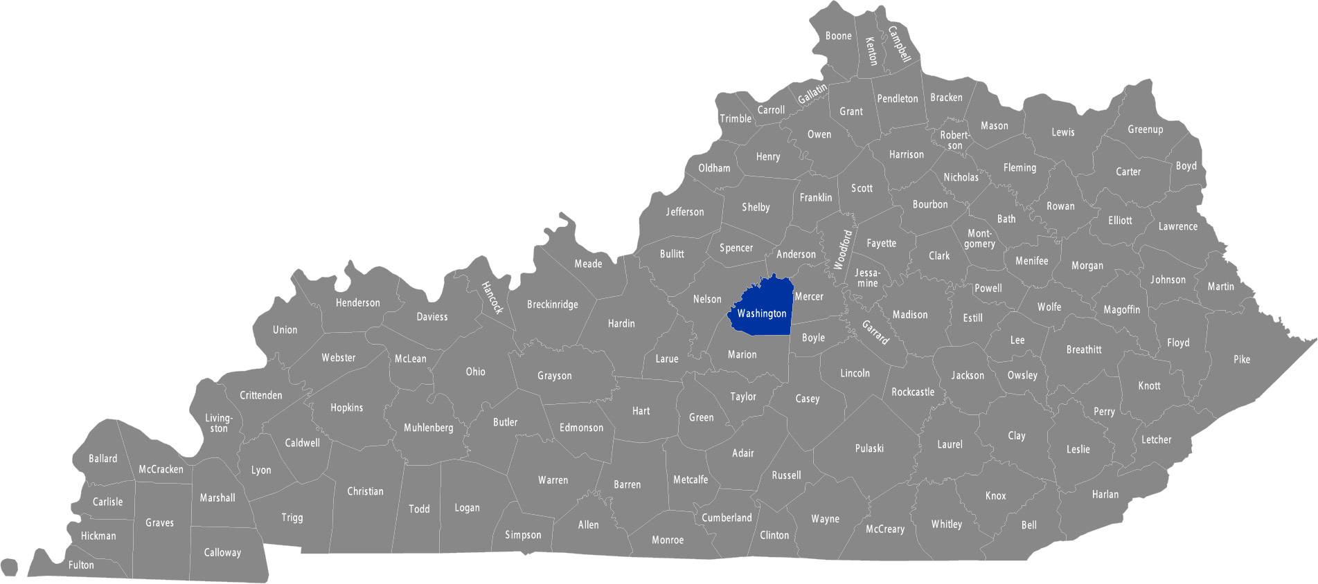 State of Kentucky map with Washington County highlighted