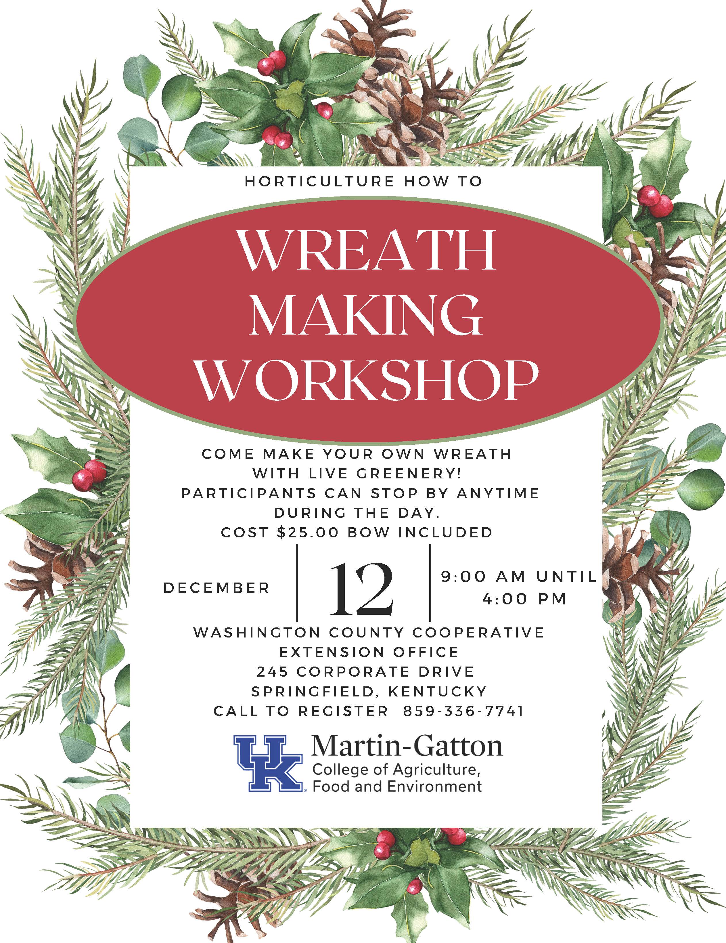 Wreath Making Workshop Flyer - times, dates, cost